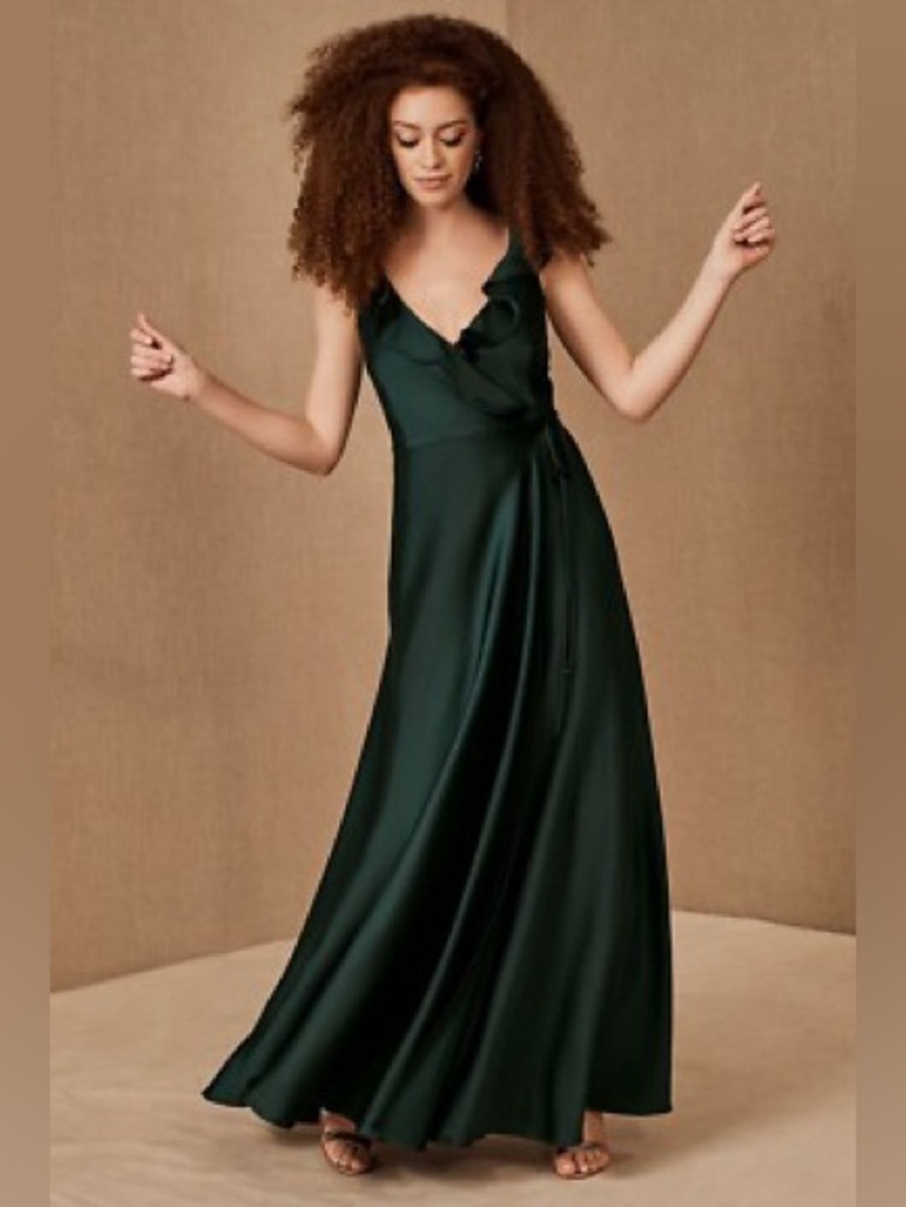 Anthropologie BHLDN Tansy Satin Charmeuse Maxi Dress in emerald green s 10 READ*